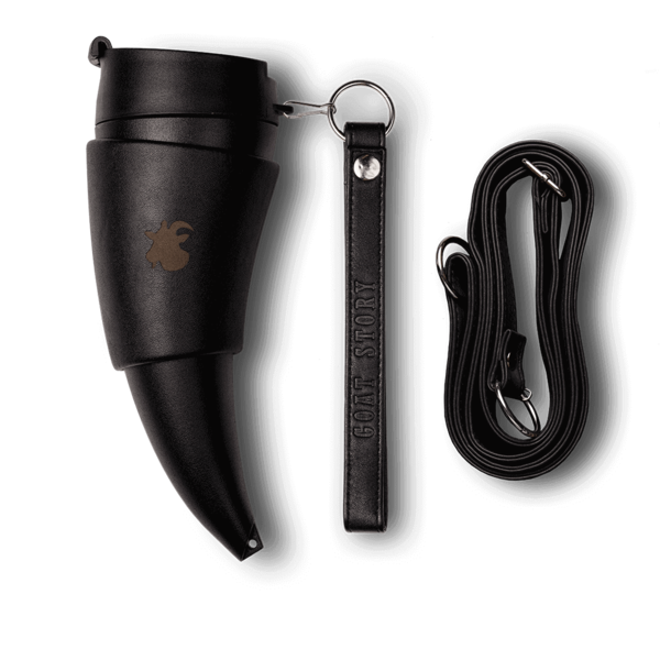 BLACK GOAT Mug (original) 350ml/12oz with a long and short black leather strap